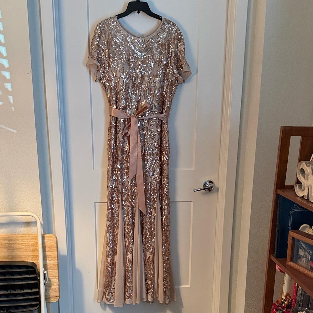 R&M Richards Gold Sequin Maxi Dress